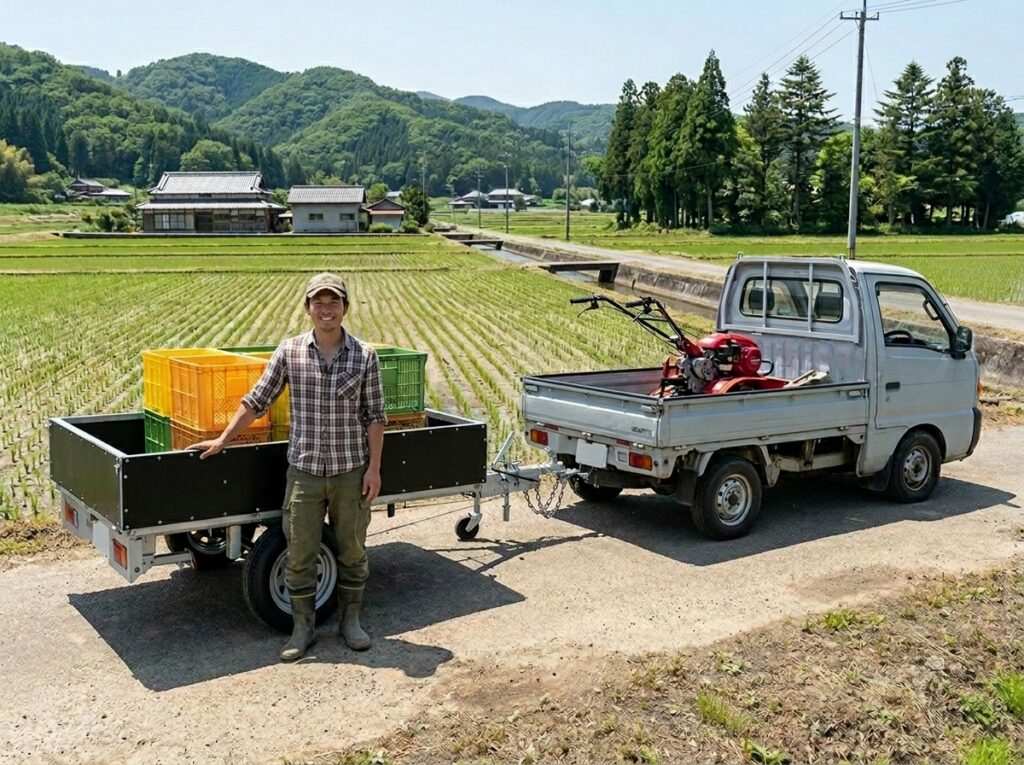 軽カーゴトレーラーの販売、けん引免許不要、普通免許でOK、農業にも最適