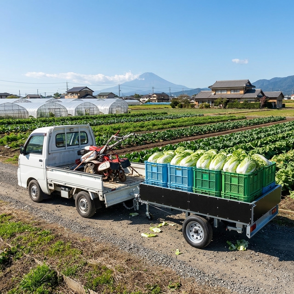 軽カーゴトレーラーの販売、けん引免許不要、普通免許でOK、農業にも最適
