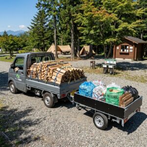 軽カーゴトレーラーの販売、けん引免許不要、普通免許でOK、キャンプ場経営者様へ