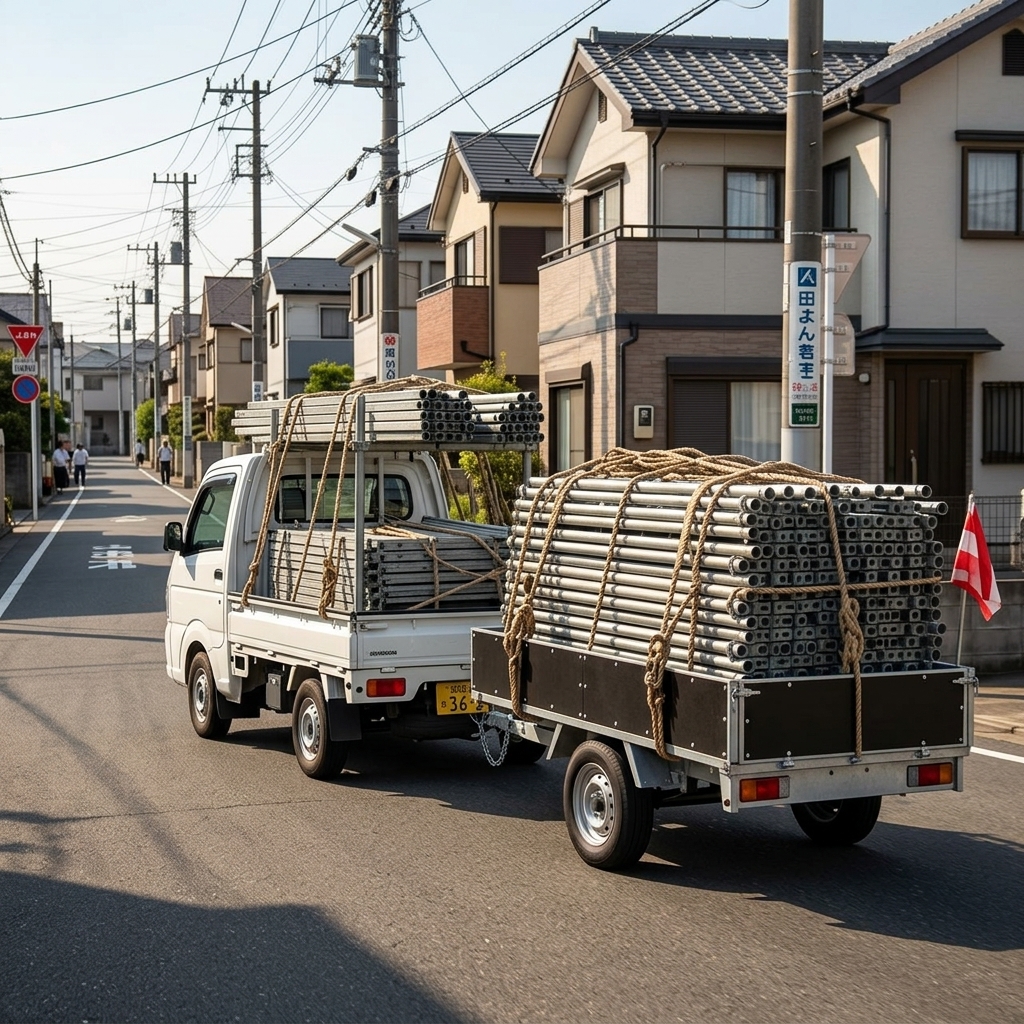 軽カーゴトレーラーの販売、けん引免許不要、普通免許でOK、建築会社さまに